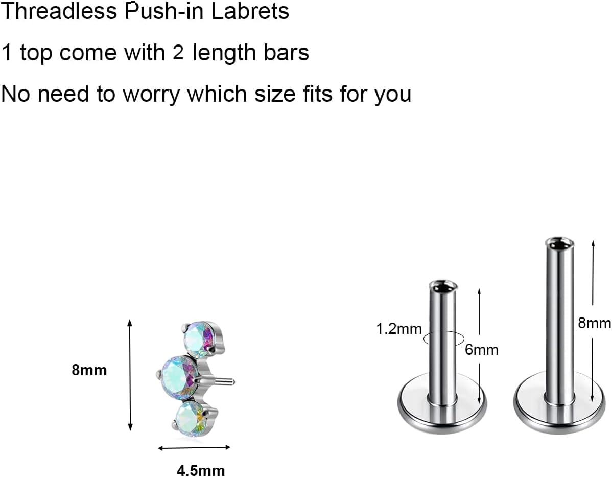 16G G23 Titanium Threadless Labret Studs Push - in Colorful CZ Labret Cluster Tragus Helix - QIAO CrystalQIAO CrystalQIAO Crystal