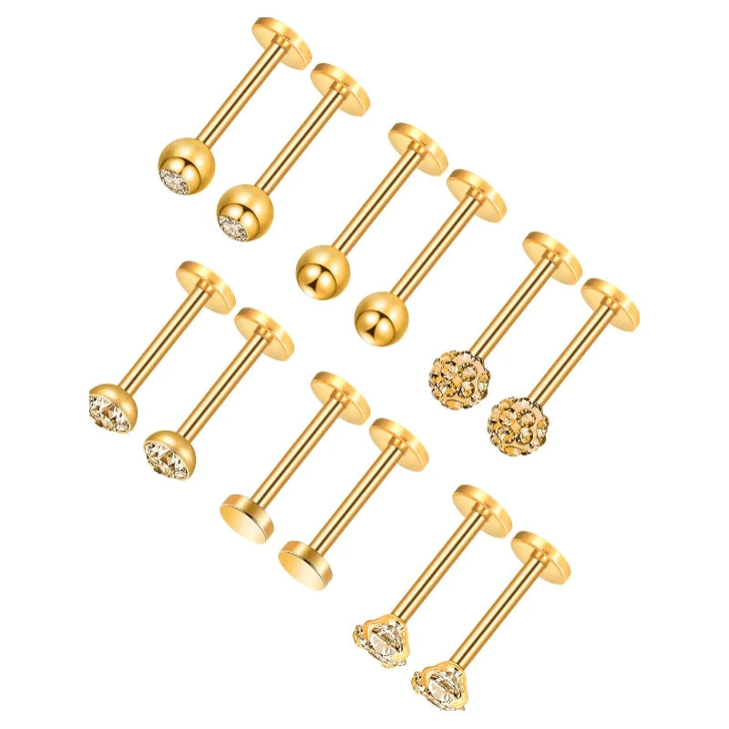 16g Tragus Gold Flat Back Earrings Diamond Crystal Lip Rings Stainless Steel Labret Bars