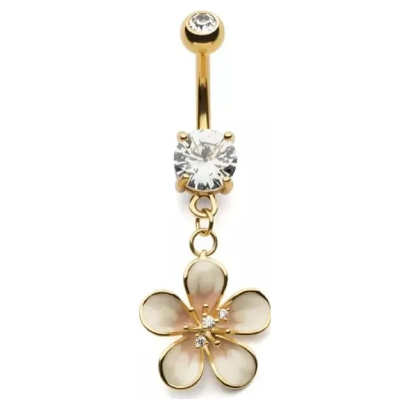 14GA Gold Plated 316L Stainless Steel CZ Crystal White Flower Dangling Belly Button Ring