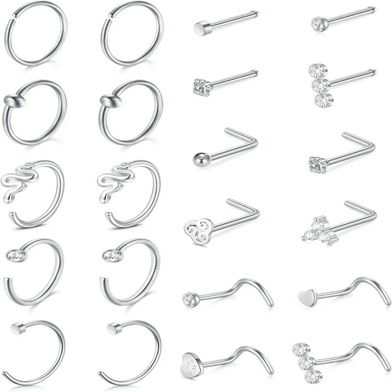 20PCS Studs Surgical Stainless Steel Hypoallergenic L Shape Hoop Rings 18 Gauge