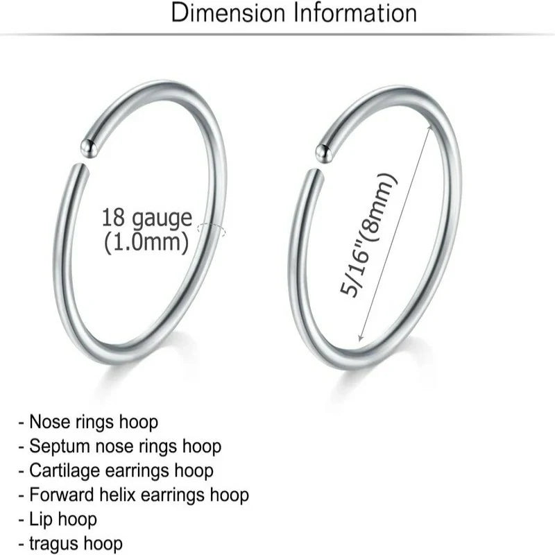 20PCS Studs Surgical Stainless Steel Hypoallergenic L Shape Hoop Rings 18 Gauge