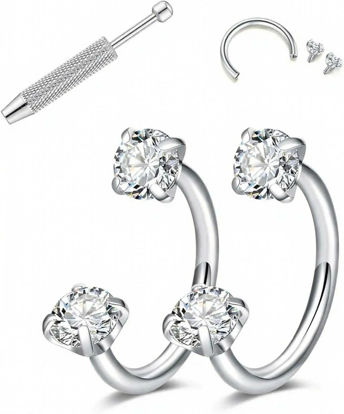 18G 20G Pink and Silver Zirconia Horseshoe Studs Surgical Steel Nose Ring