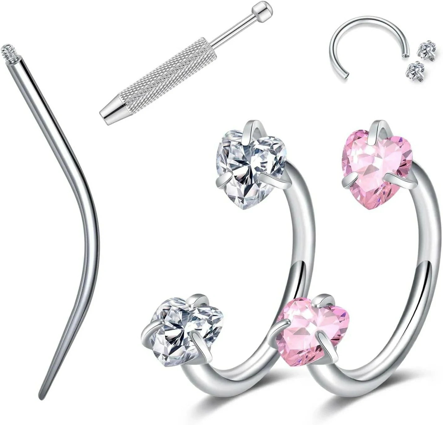 18G 20G Pink and Silver Zirconia Horseshoe Studs Surgical Steel Nose Ring