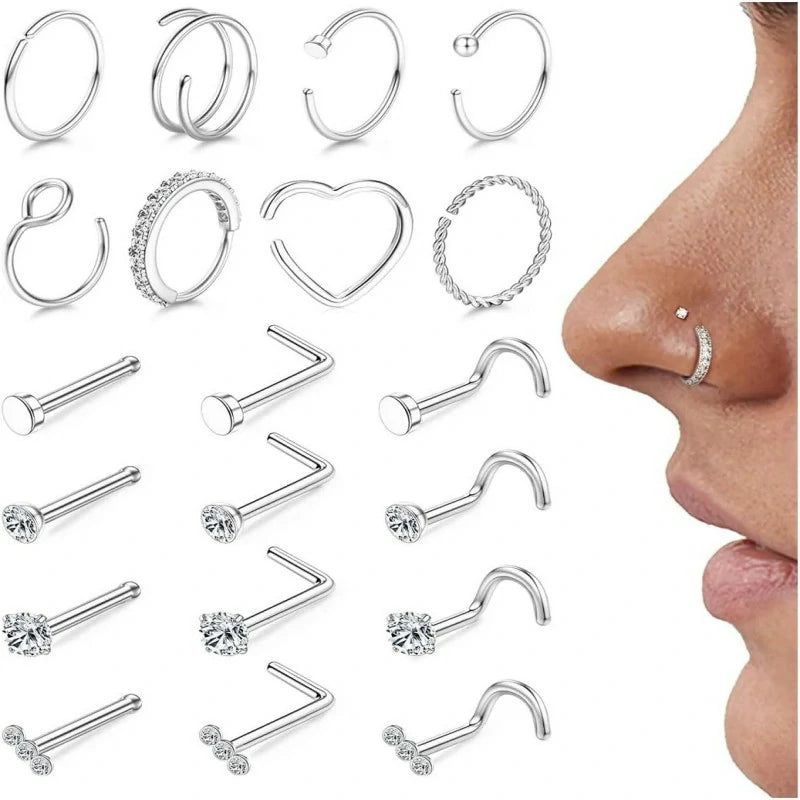 20Pcs 18g 20g Nose Rings Hoops Nose Studs for Women Men 14k Gold Plated
