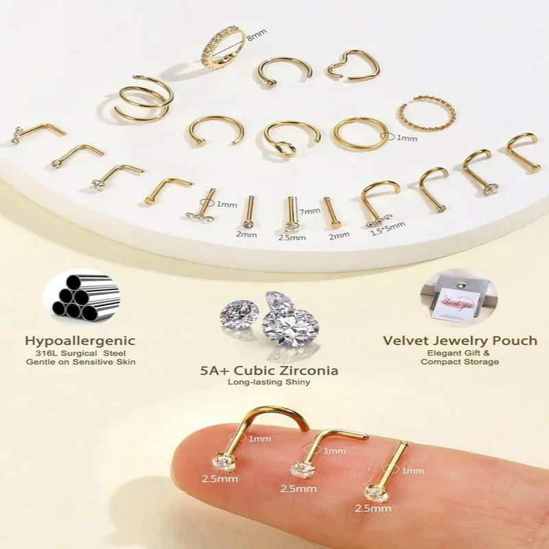 20Pcs 18g 20g Nose Rings Hoops Nose Studs for Women Men 14k Gold Plated