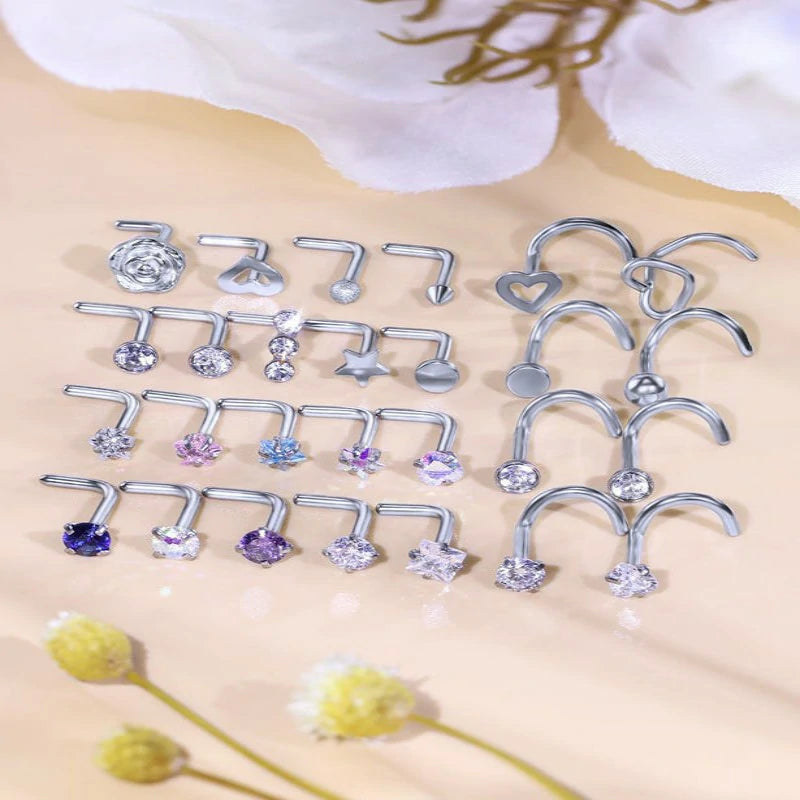 42pcs 20G Nose Rings Studs Hypoallergenic 316L Surgical Steel L Shaped Screw Nose Rings