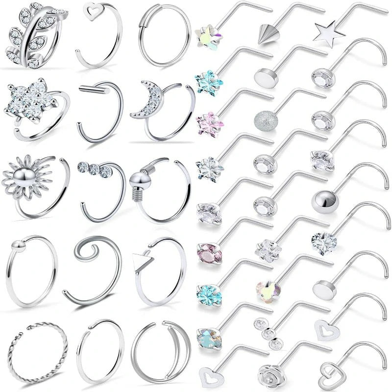 42pcs 20G Nose Rings Studs Hypoallergenic 316L Surgical Steel L Shaped Screw Nose Rings