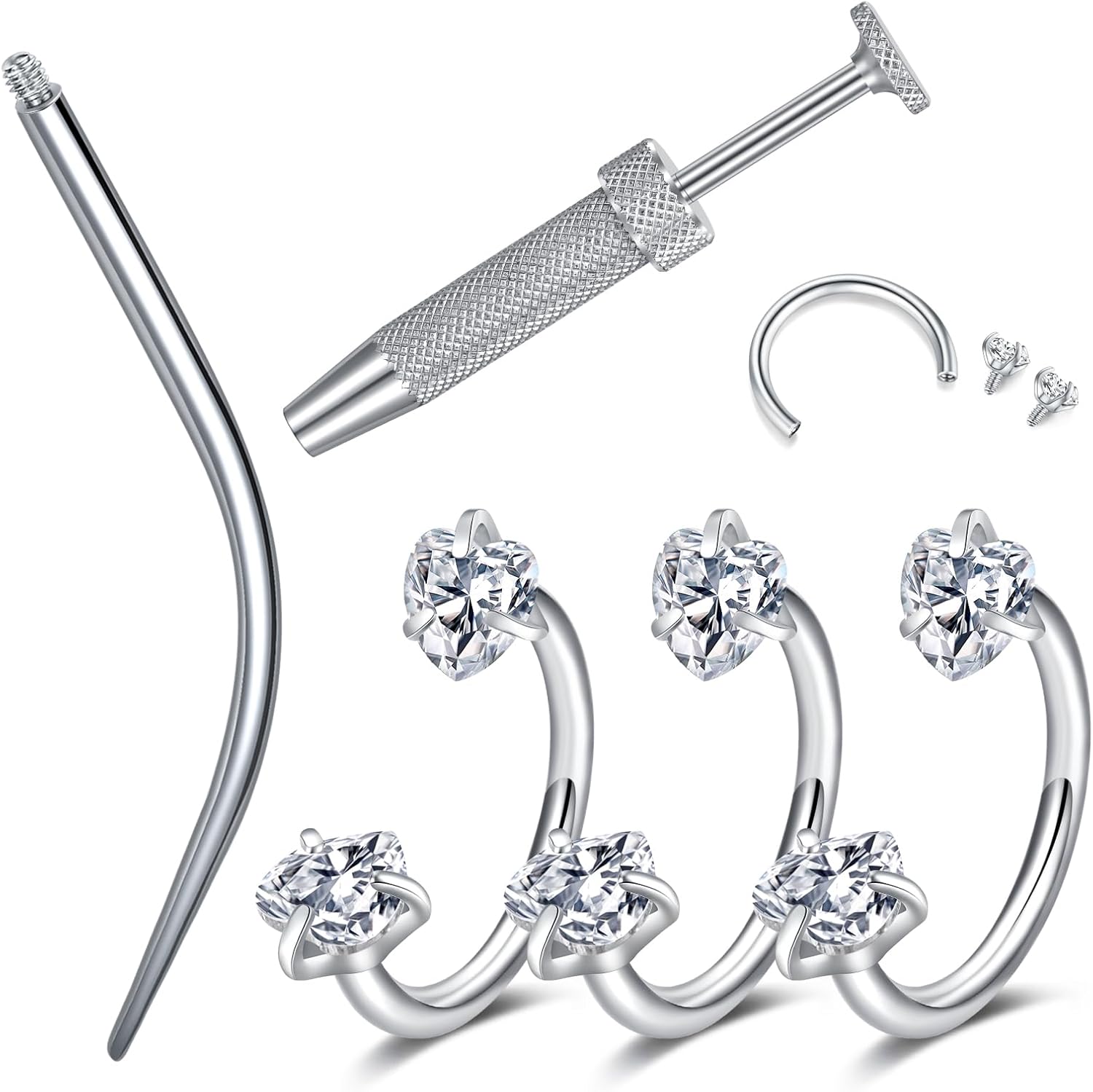  18G Horseshoe Nose Rings Surgical Steel Nose Ring White Cubic Zirconia Nose Piercing,Internally Threaded Nose Rings For Women Ball Grabberand and Taper - QIAO CrystalQIAO CrystalQIAO Crystal