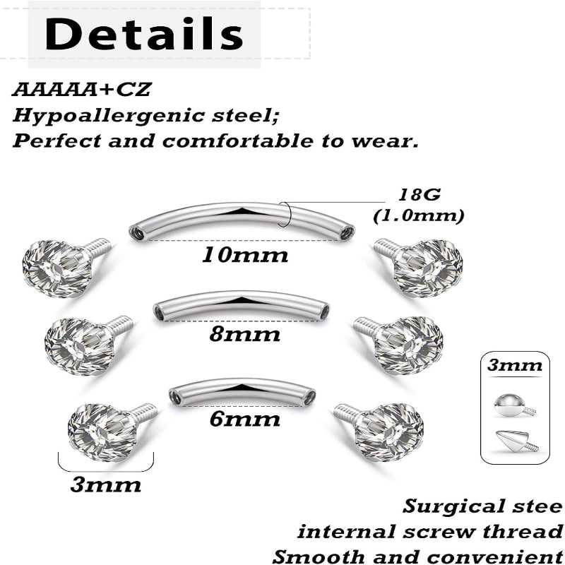 18G Internal Thread Eyebrow Piercing Jewelry Surgical Steel Curved Barbell Tiny Eyebrow Ring Vertical Labret Lip Jewelry Ear Rook Small Belly Button Ring for Women Men 6mm/8mm/10mm - 我的商店我的商店我的商店
