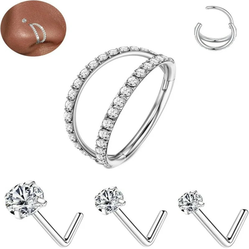s18G/16G Nose Rings Hoop and 20g Nose Stud Sets Gold Silver L Shape/Corkscrew Nose Studs