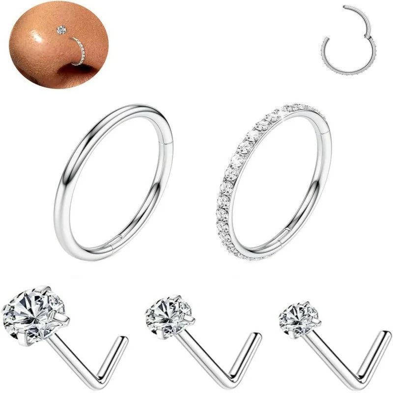 s18G/16G Nose Rings Hoop and 20g Nose Stud Sets Gold Silver L Shape/Corkscrew Nose Studs
