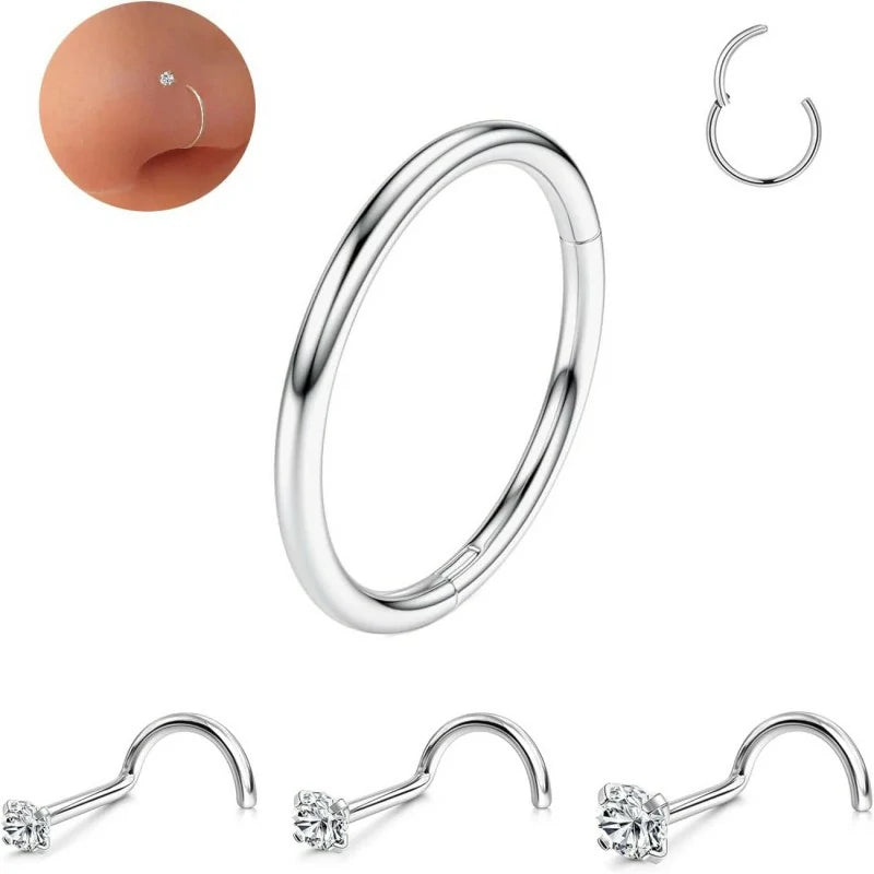 s18G/16G Nose Rings Hoop and 20g Nose Stud Sets Gold Silver L Shape/Corkscrew Nose Studs