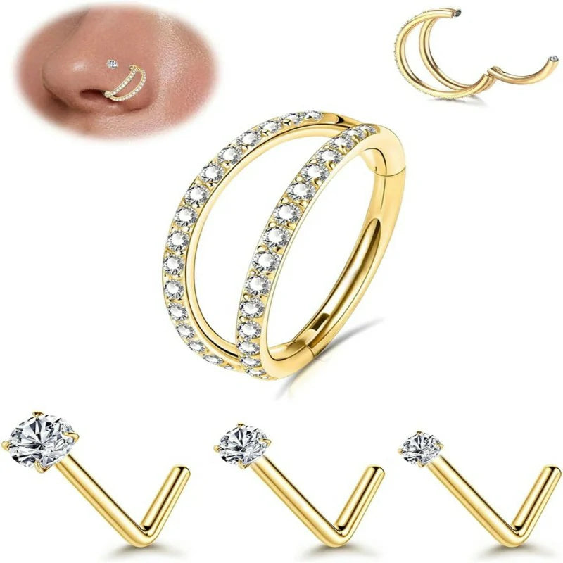 s18G/16G Nose Rings Hoop and 20g Nose Stud Sets Gold Silver L Shape/Corkscrew Nose Studs