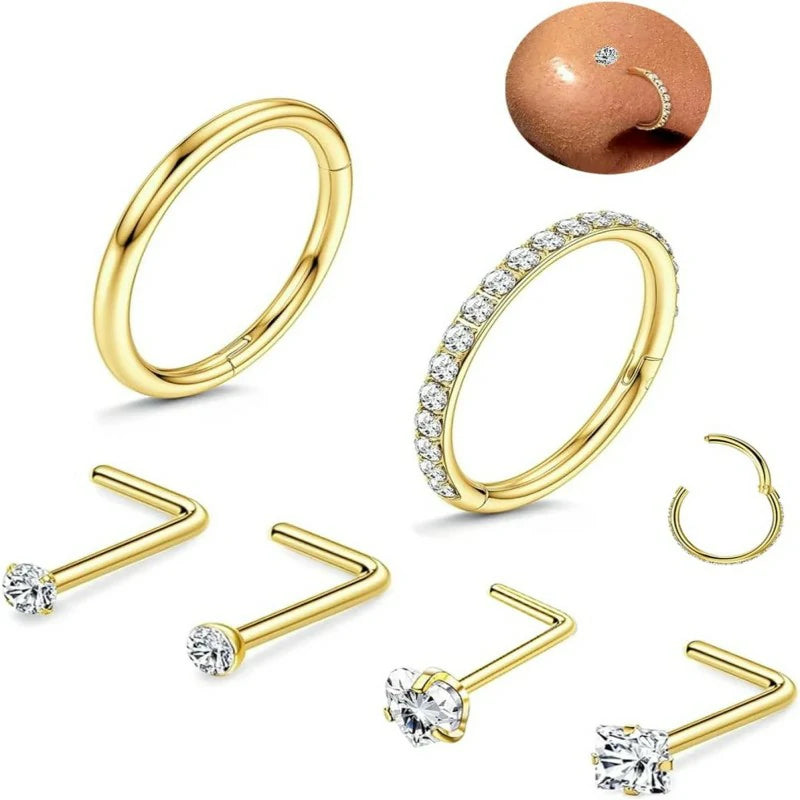 s18G/16G Nose Rings Hoop and 20g Nose Stud Sets Gold Silver L Shape/Corkscrew Nose Studs