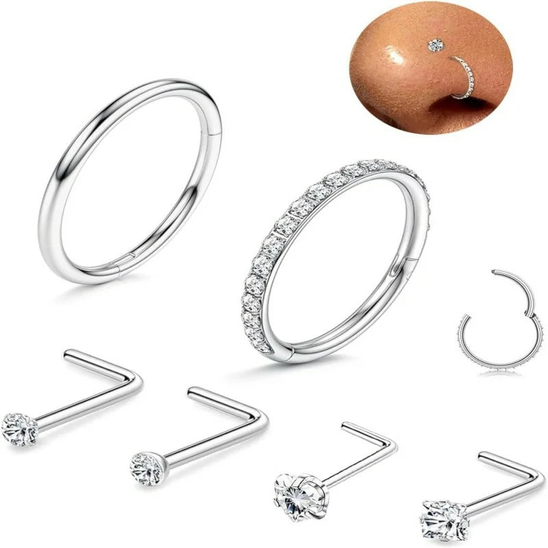 s18G/16G Nose Rings Hoop and 20g Nose Stud Sets Gold Silver L Shape/Corkscrew Nose Studs