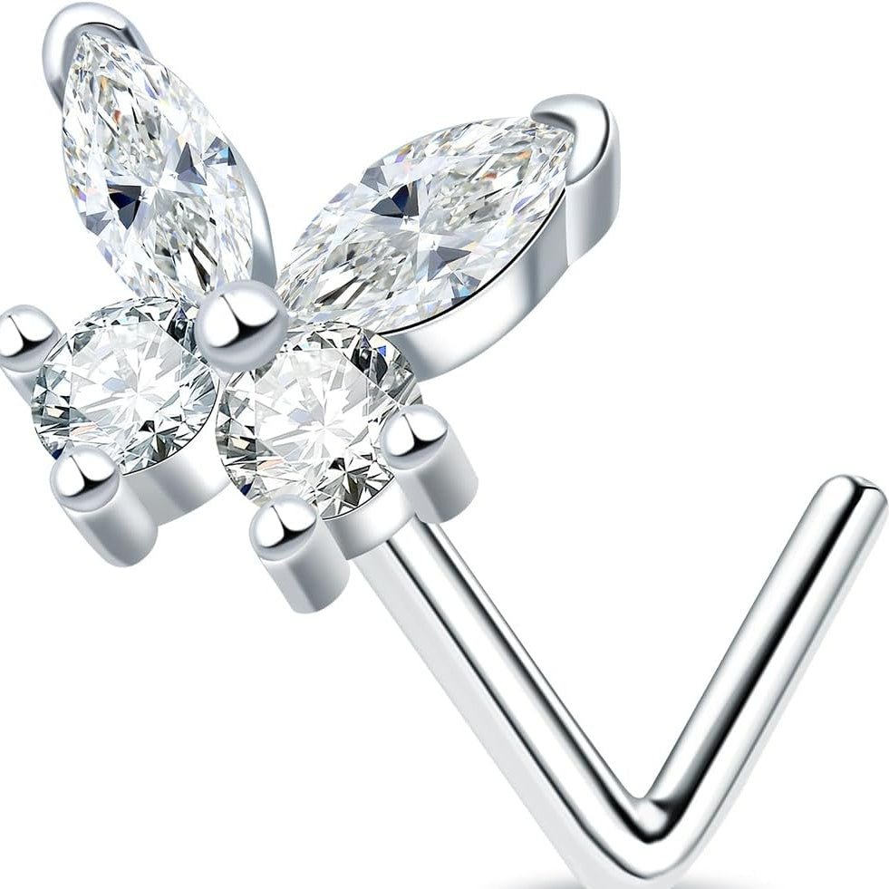 18G/20G Moissanite Butterfly 925 Sterling Silver Butterfly L Shape 0.13ct Moissanite Nose Ring - QIAO CrystalQIAO CrystalQIAO Crystal