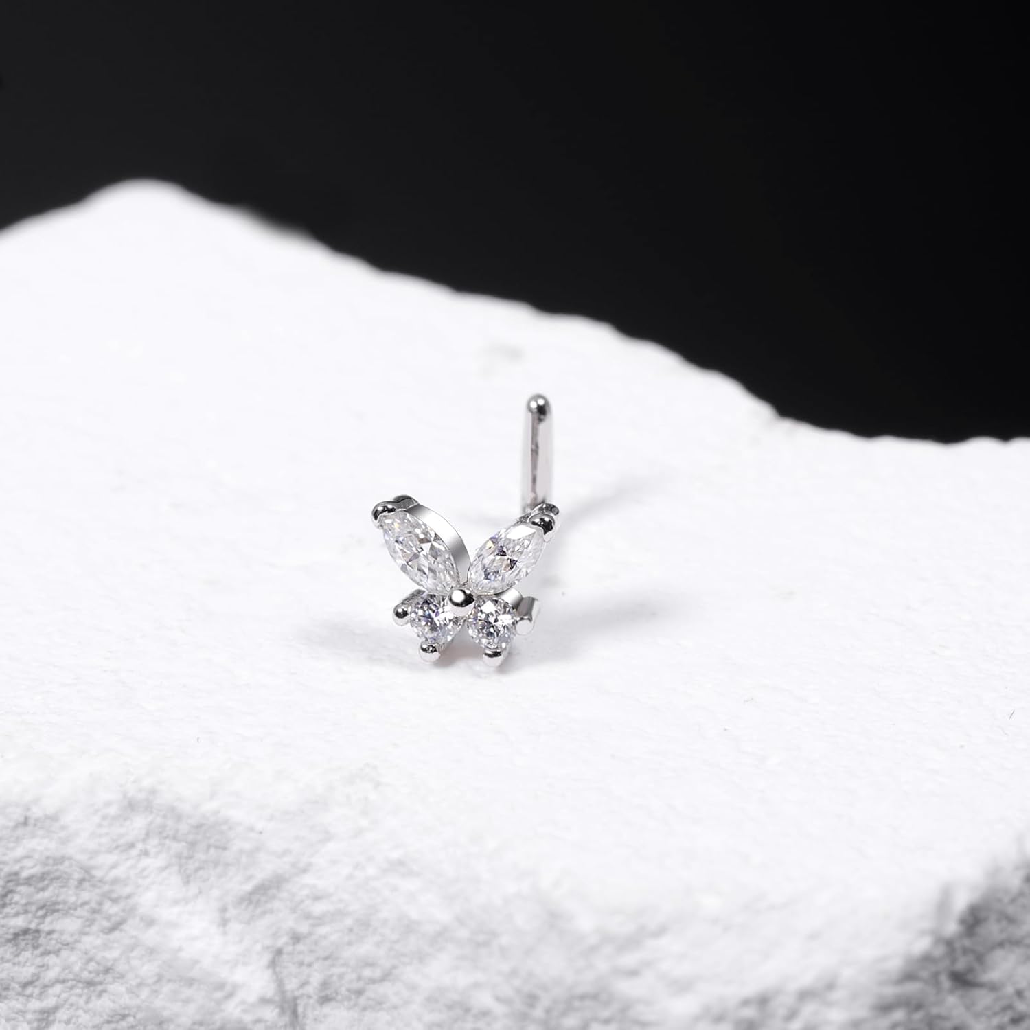 18G/20G Moissanite Butterfly 925 Sterling Silver Butterfly L Shape 0.13ct Moissanite Nose Ring - QIAO CrystalQIAO CrystalQIAO Crystal