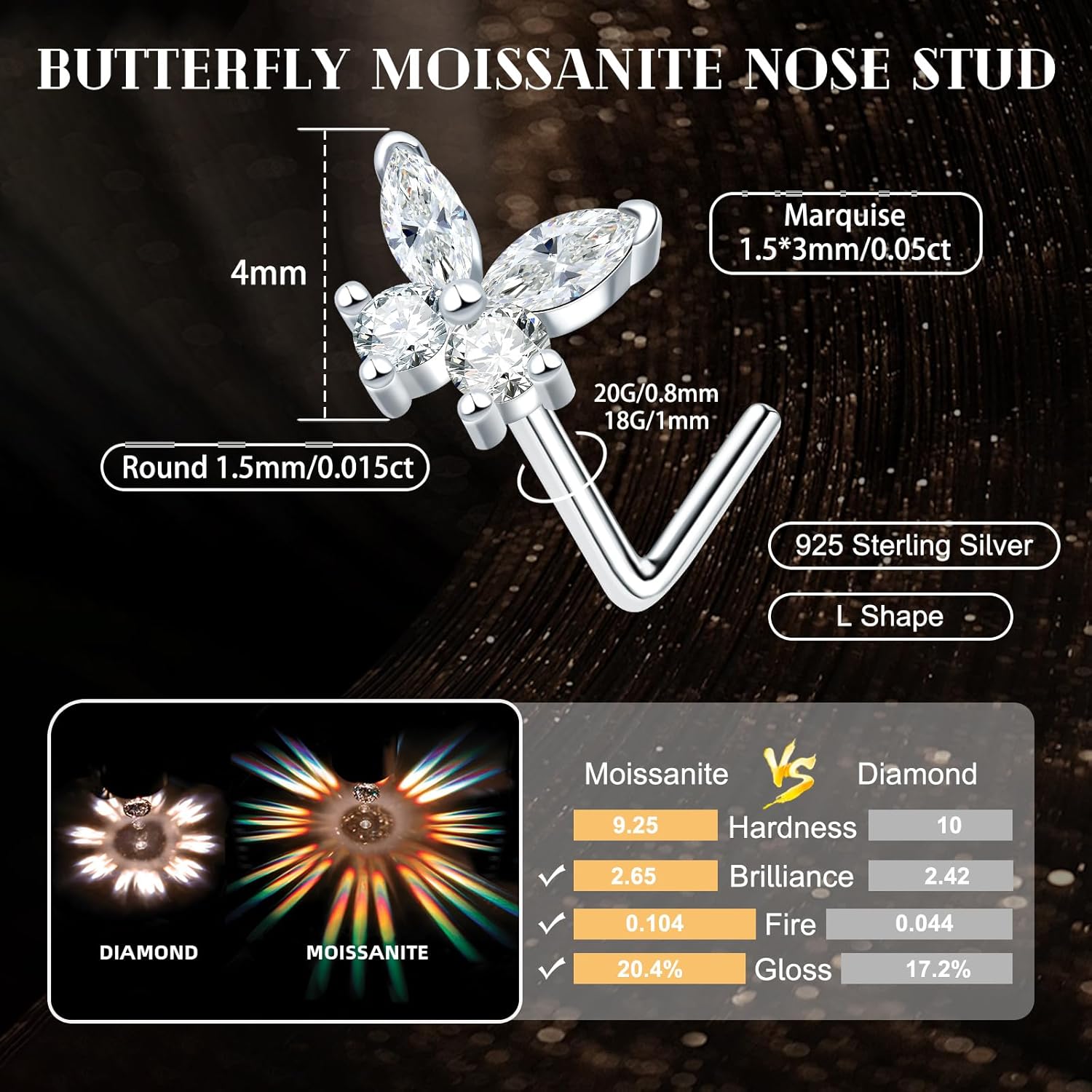 18G/20G Moissanite Butterfly 925 Sterling Silver Butterfly L Shape 0.13ct Moissanite Nose Ring - QIAO CrystalQIAO CrystalQIAO Crystal
