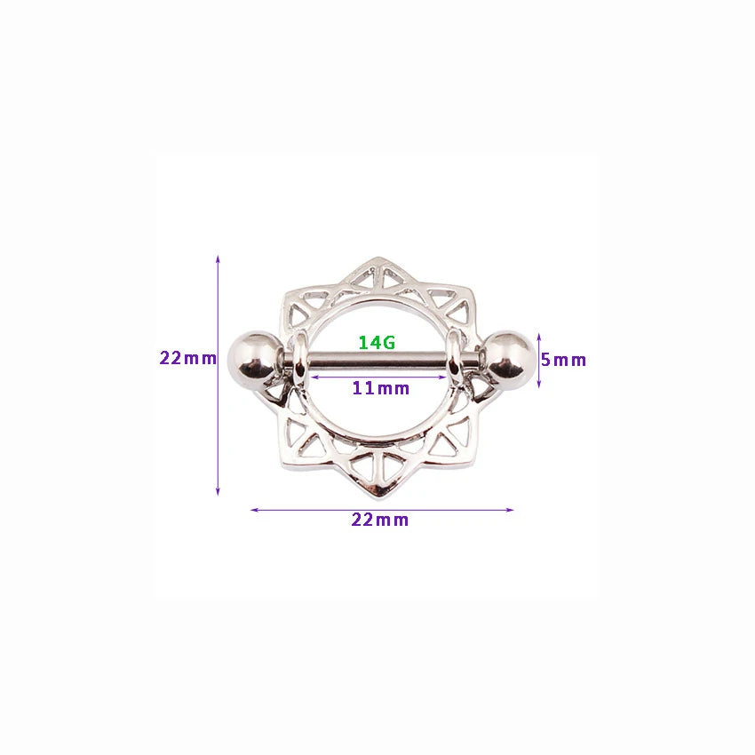 1 Pair of Surgical Steel Tribal Sun Nipple Ring Shields