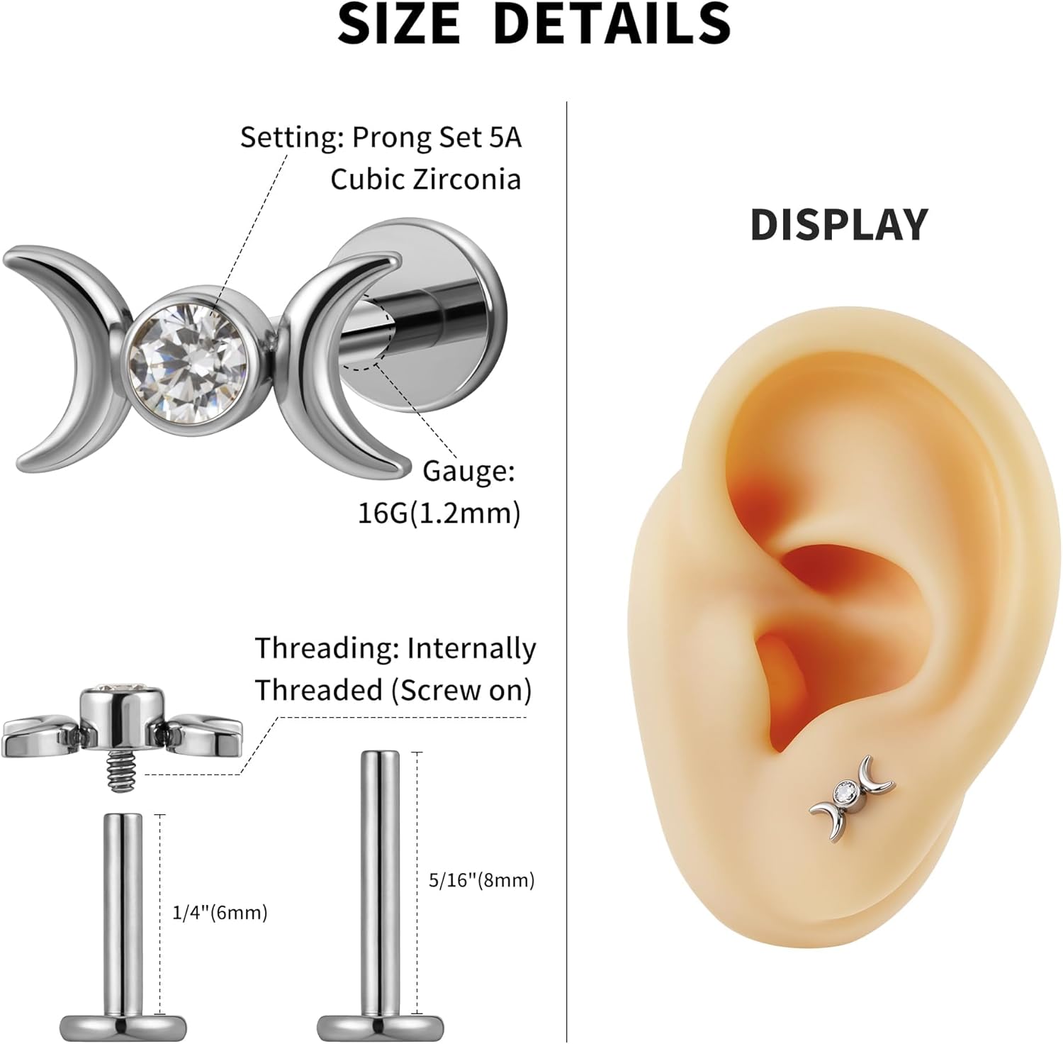 1PC 16G 6mm 8mm ASTM F136 Titanium Cartilage Earring Flat Back Stud - QIAO CrystalQIAO CrystalQIAO Crystal