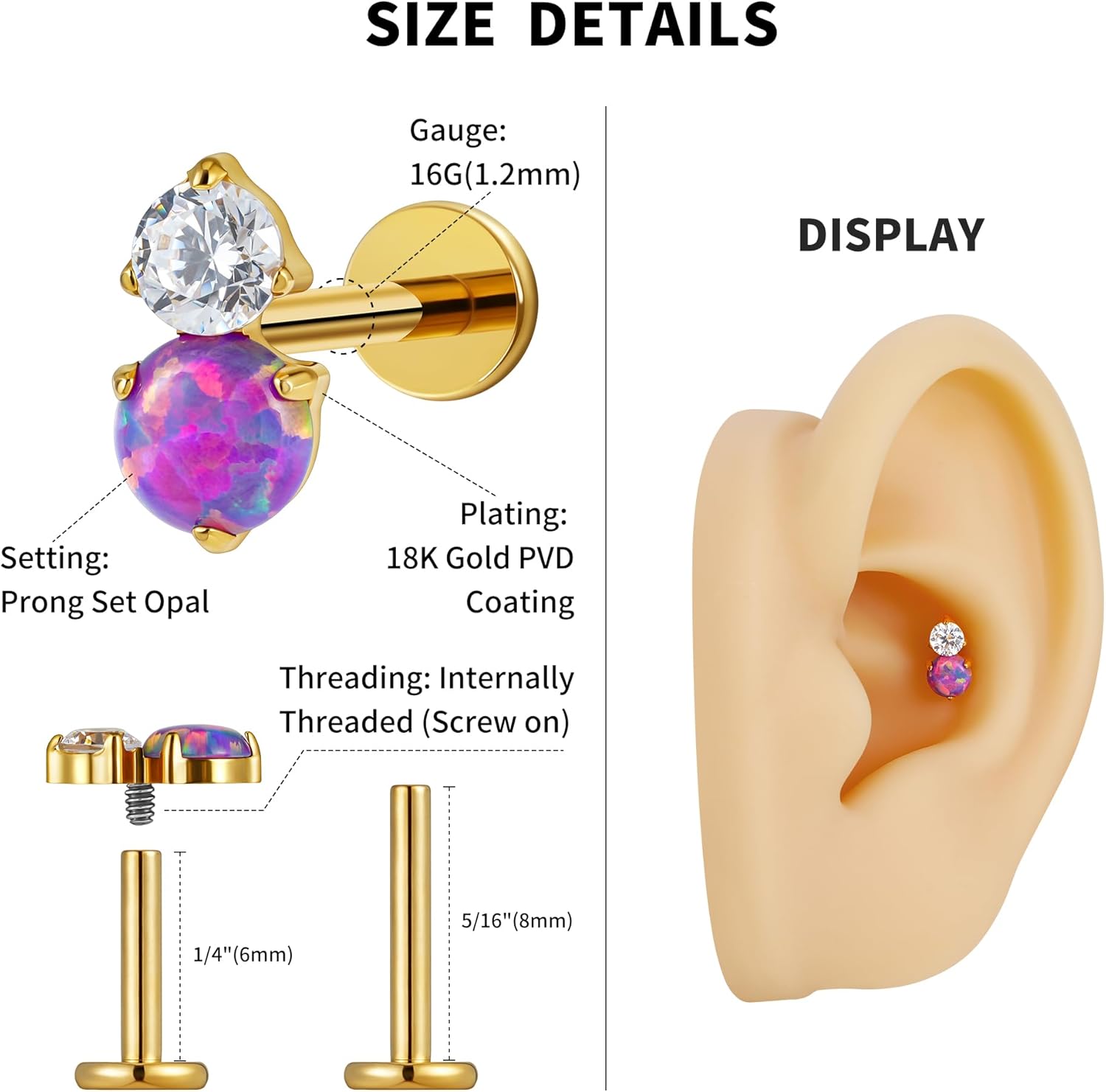 1PC F136 Titanium Flat back Stud for Conch Tragus Helix Flat - QIAO CrystalQIAO CrystalQIAO Crystal