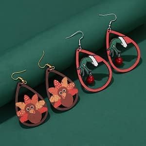 2 pairs Christmas Thanksgiving Earrings for Women Christmas Wooden Painted Teardrop Dangle Earring Holiday Christmas Jewelry - 我的商店我的商店我的商店