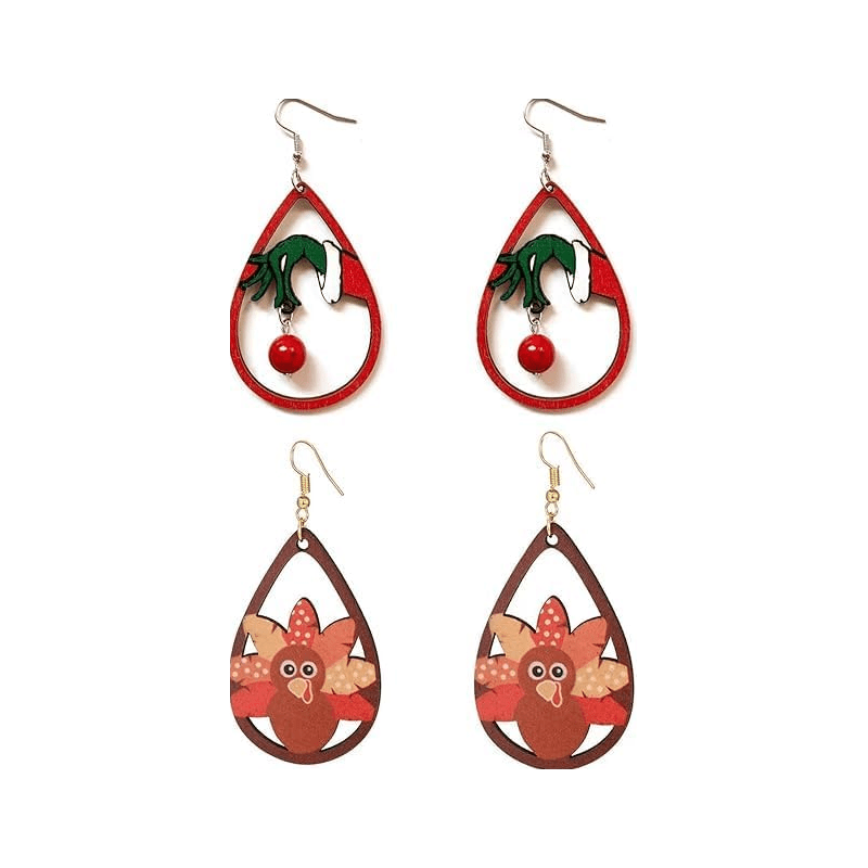 2 pairs Christmas Thanksgiving Earrings for Women Christmas Wooden Painted Teardrop Dangle Earring Holiday Christmas Jewelry - QIAO Crystal我的商店QIAO Crystal