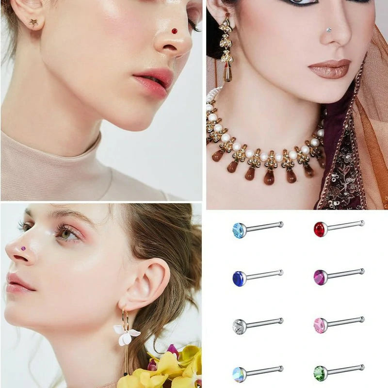120 pcs Stainless Steel Nose Ring Nose Bone Stud Nose Hoop White+Multicolor