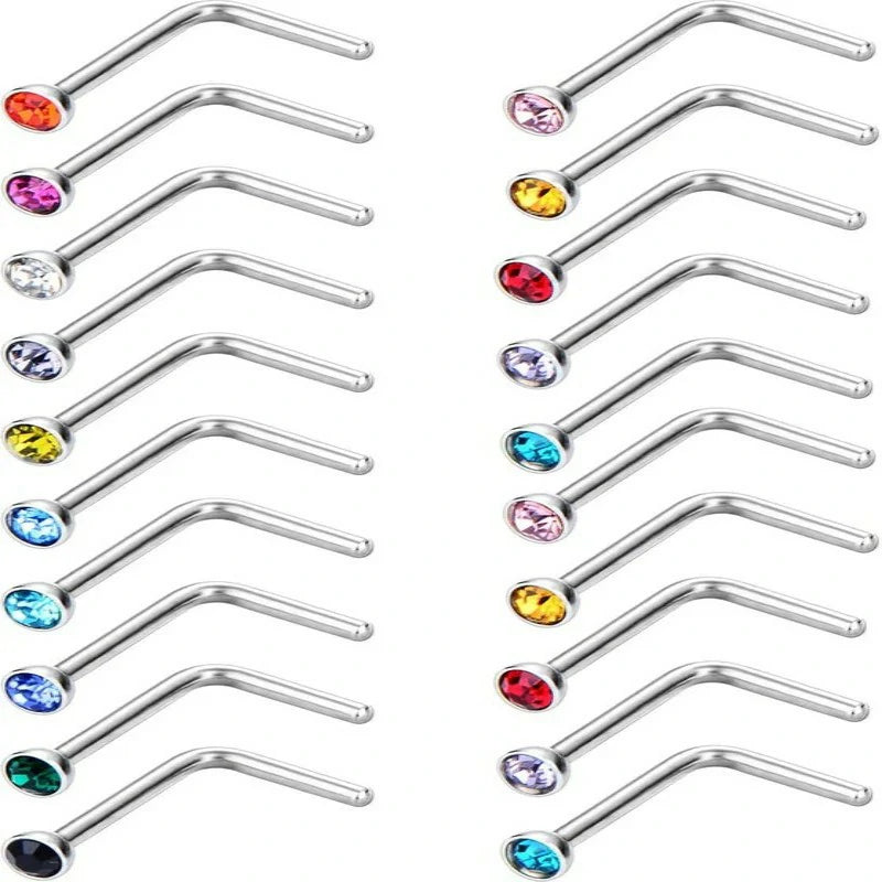 20 Pieces Curved Nose Stud Stainless Steel Nose Ring Crystals L Bend Nose Screw Piercing