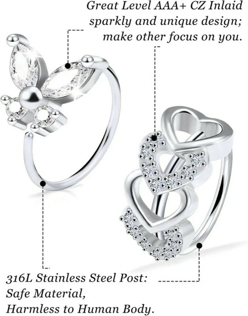 20G Nose Rings Hoops 316L Stainless Surgical Steel Heart Butterfly Flower