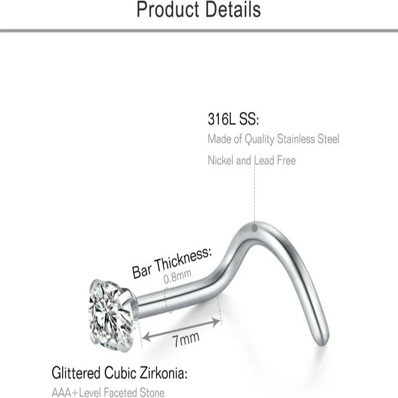 20G Nose Rings Studs L Shape Bone Diamond Heart Corkscrew Nose Ring