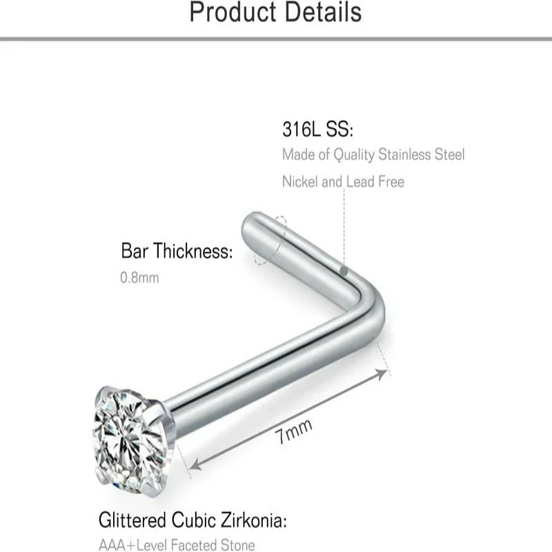 20G Nose Rings Studs L Shape Bone Diamond Heart Corkscrew Nose Ring