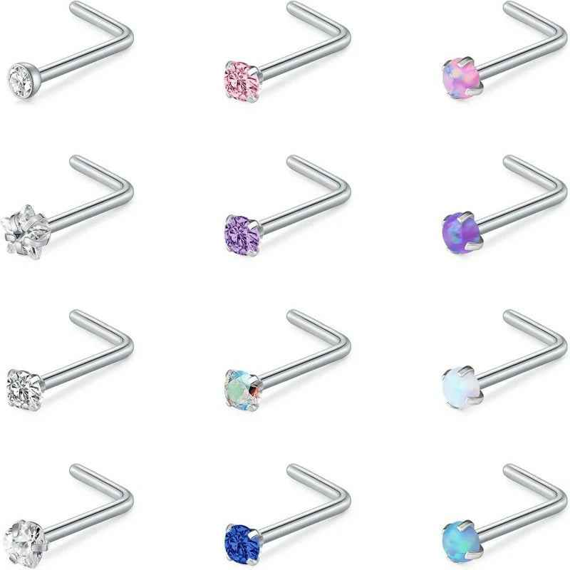 20G Nose Rings Studs L Shape Bone Diamond Heart Corkscrew Nose Ring