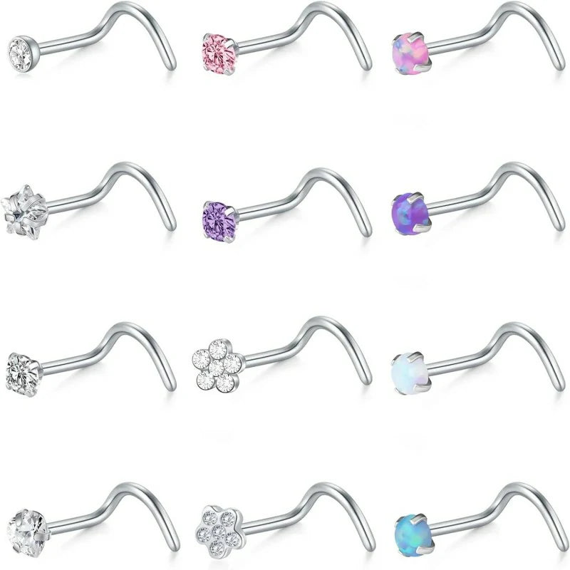 20G Nose Rings Studs L Shape Bone Diamond Heart Corkscrew Nose Ring