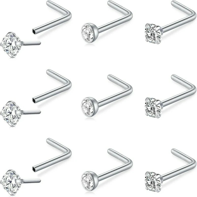 20G Nose Rings Studs L Shape Bone Diamond Heart Corkscrew Nose Ring
