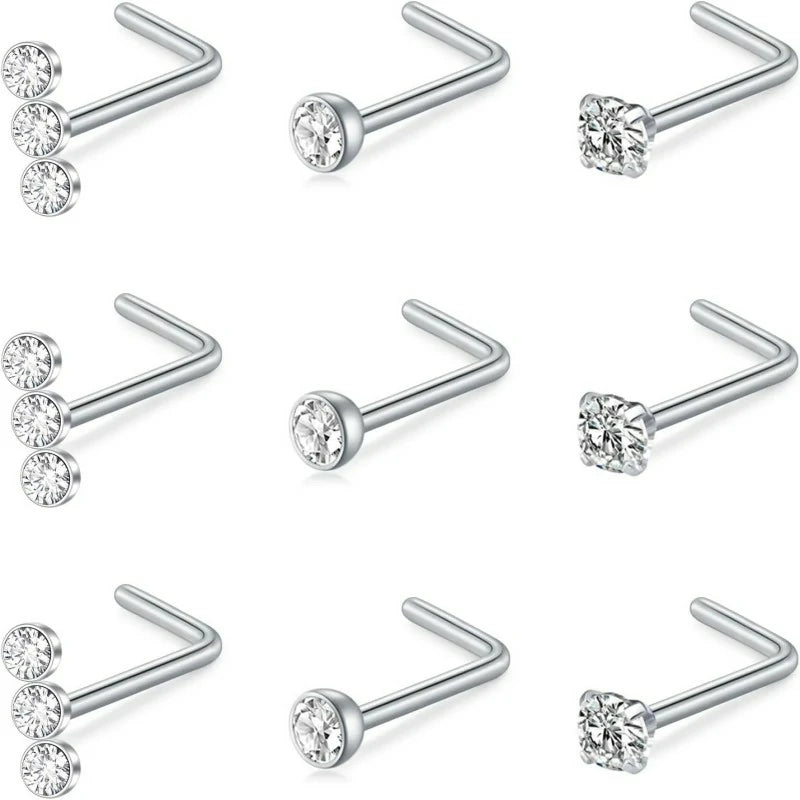 20G Nose Rings Studs L Shape Bone Diamond Heart Corkscrew Nose Ring
