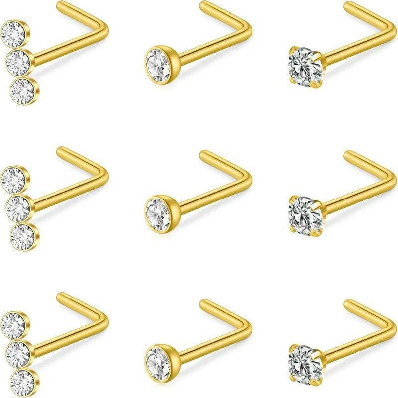 20G Nose Rings Studs L Shape Bone Diamond Heart Corkscrew Nose Ring