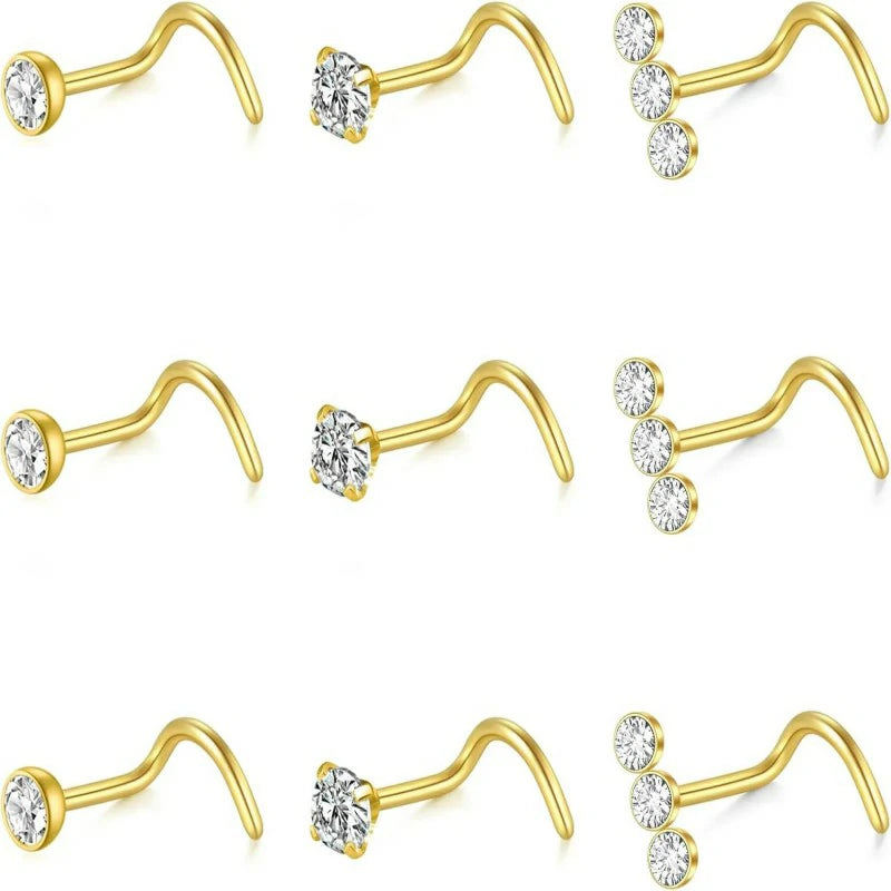 20G Nose Rings Studs L Shape Bone Diamond Heart Corkscrew Nose Ring