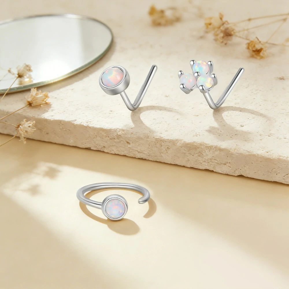 20G Synthetic Opal Set Flat Top PVD Over 316L Surgical Steel L bend Stud Nose Rings