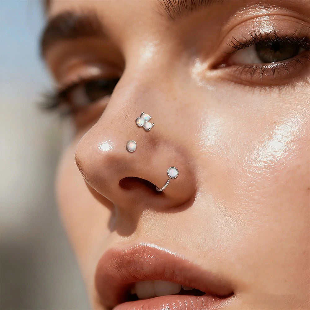 20G Synthetic Opal Set Flat Top PVD Over 316L Surgical Steel L bend Stud Nose Rings