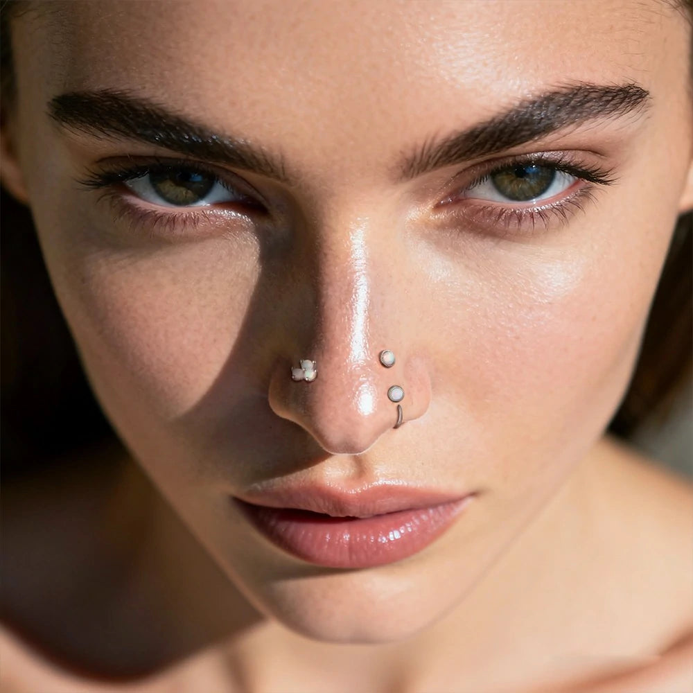 20G Synthetic Opal Set Flat Top PVD Over 316L Surgical Steel L bend Stud Nose Rings