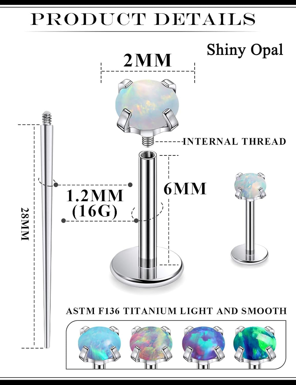 20G 18G 16G Astm F136 Titanium Internal Thread Flat Back Earrings Nose Studs Tragus Helix - QIAO CrystalQIAO CrystalQIAO Crystal