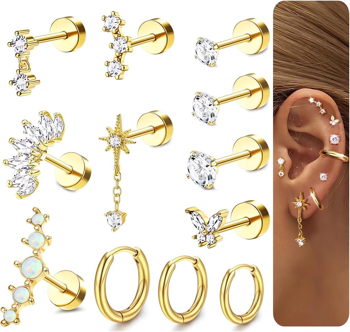 20G Cartilage Flat back Helix Earrings Hypoallergenic Surgical Steel Gold Cartilag Set Daith Tragus Conch Flat Back Stud Earrings - QIAO CrystalQIAO CrystalQIAO Crystal