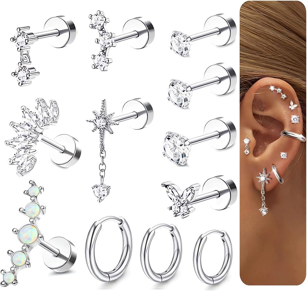 20G Cartilage Flat back Helix Earrings Hypoallergenic Surgical Steel Gold Cartilag Set Daith Tragus Conch Flat Back Stud Earrings - QIAO CrystalQIAO CrystalQIAO Crystal