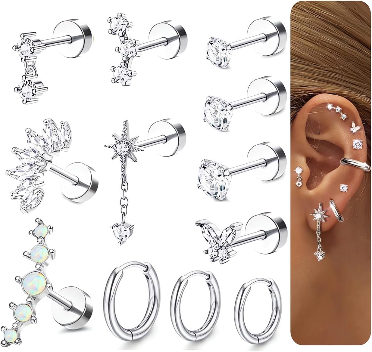 20G Cartilage Flat back Helix Earrings Hypoallergenic Surgical Steel Gold Cartilag Set Daith Tragus Conch Flat Back Stud Earrings - QIAO CrystalQIAO CrystalQIAO Crystal