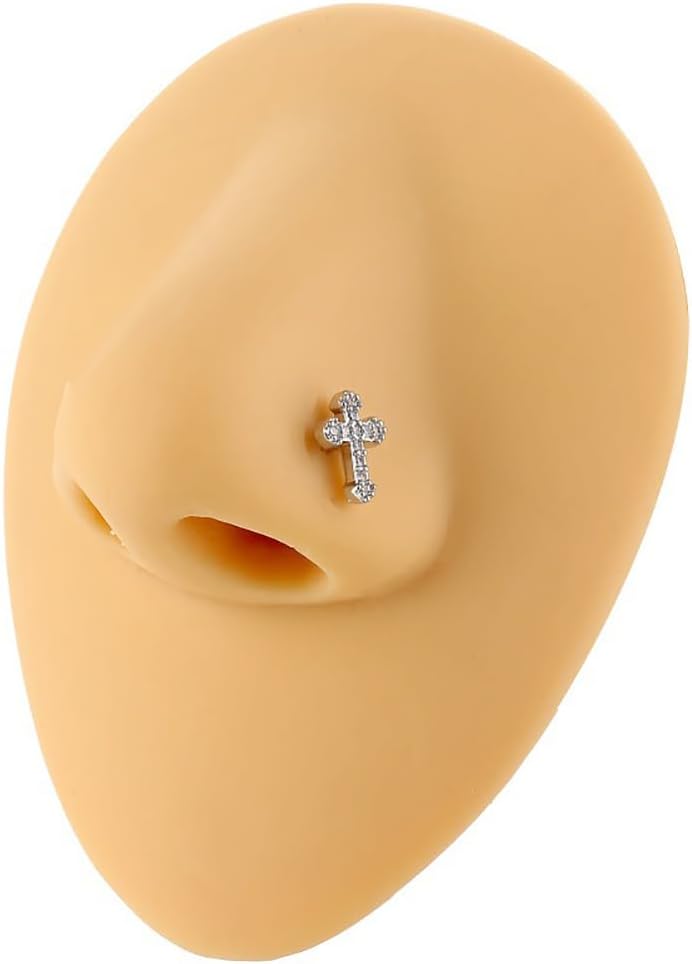 20G L - Shaped Cross Nose Rings for Women 316L Surgical Steel Cubic Zirconia Cross Nose Studs Hypoallergenic Nostril Nose Piercing Jewelry - QIAO CrystalQIAO CrystalQIAO Crystal
