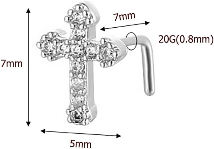 20G L - Shaped Cross Nose Rings for Women 316L Surgical Steel Cubic Zirconia Cross Nose Studs Hypoallergenic Nostril Nose Piercing Jewelry - QIAO CrystalQIAO CrystalQIAO Crystal