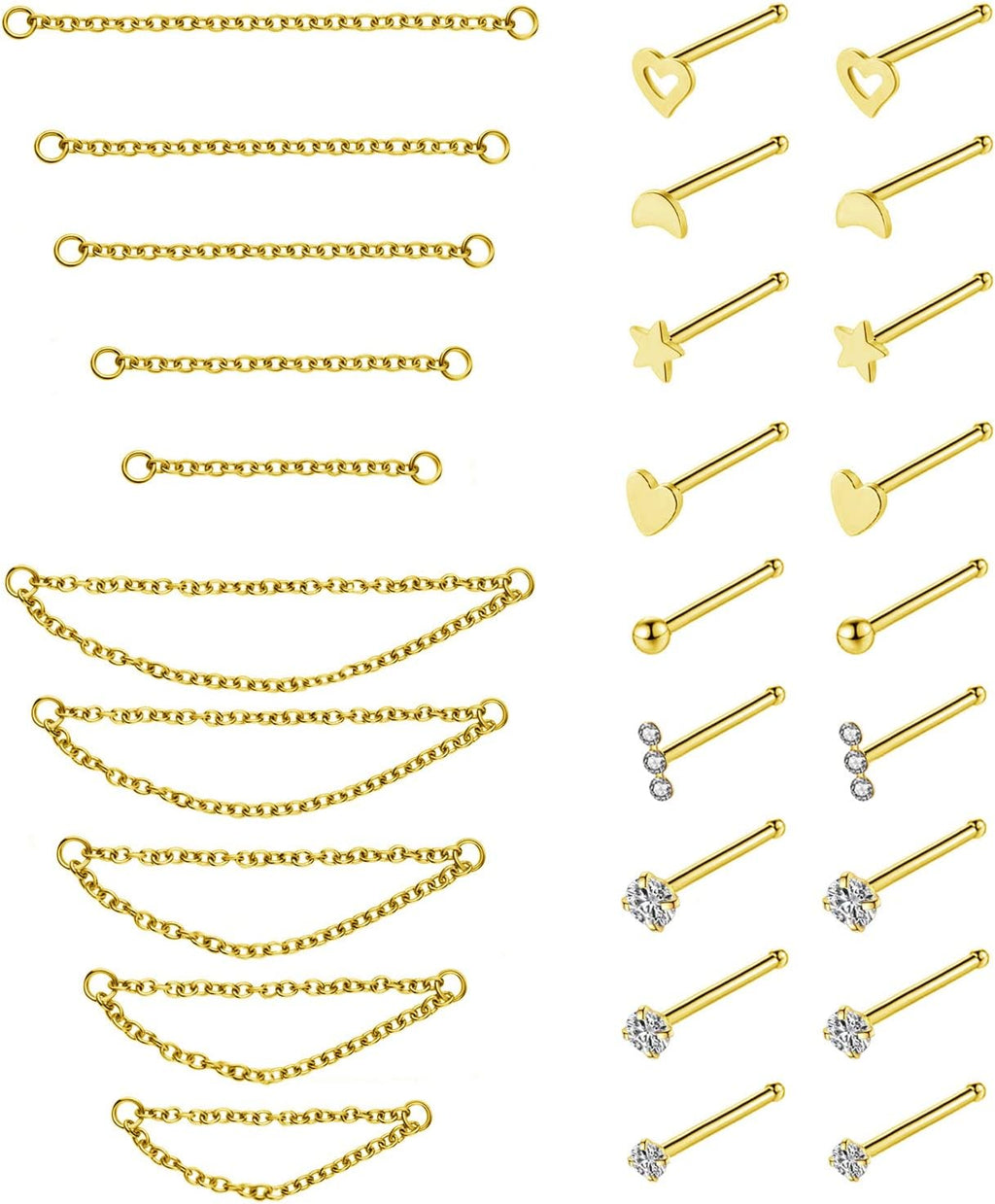 20G Stainless Steel Nose Ring Stud Nose Ring Chain Double Nose Stud Heart - QIAO CrystalQIAO CrystalQIAO Crystal