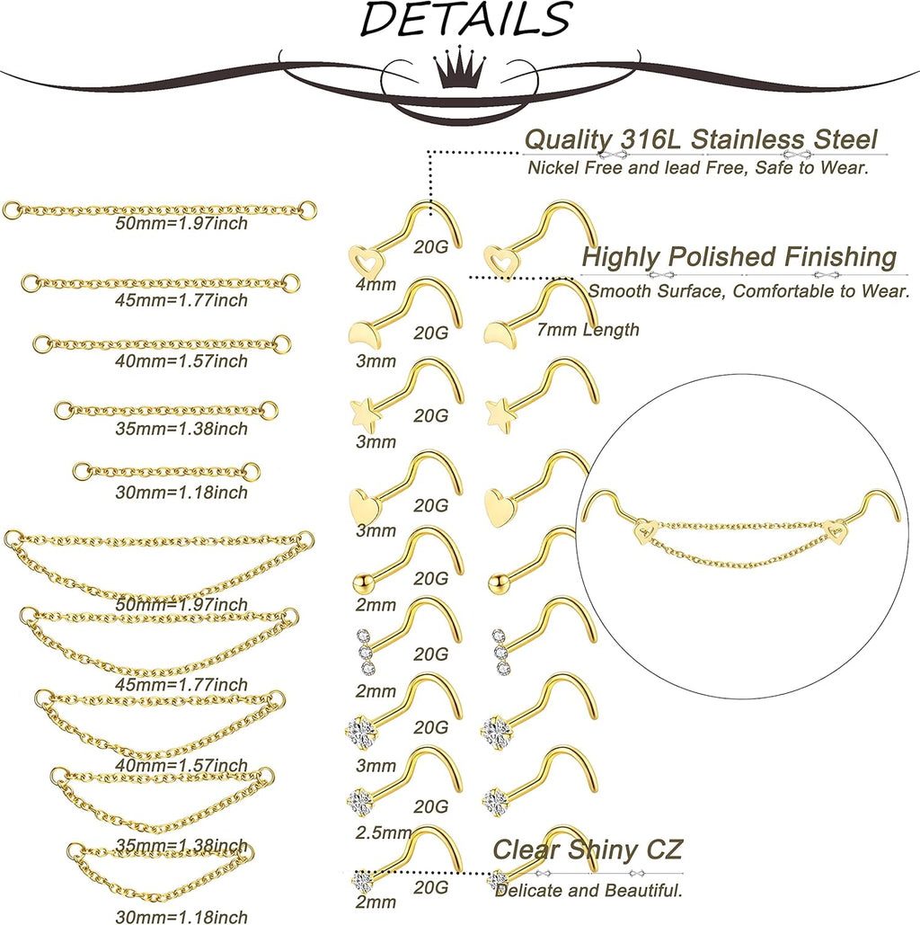 20G Stainless Steel Nose Ring Stud Nose Ring Chain Double Nose Stud Heart - QIAO CrystalQIAO CrystalQIAO Crystal