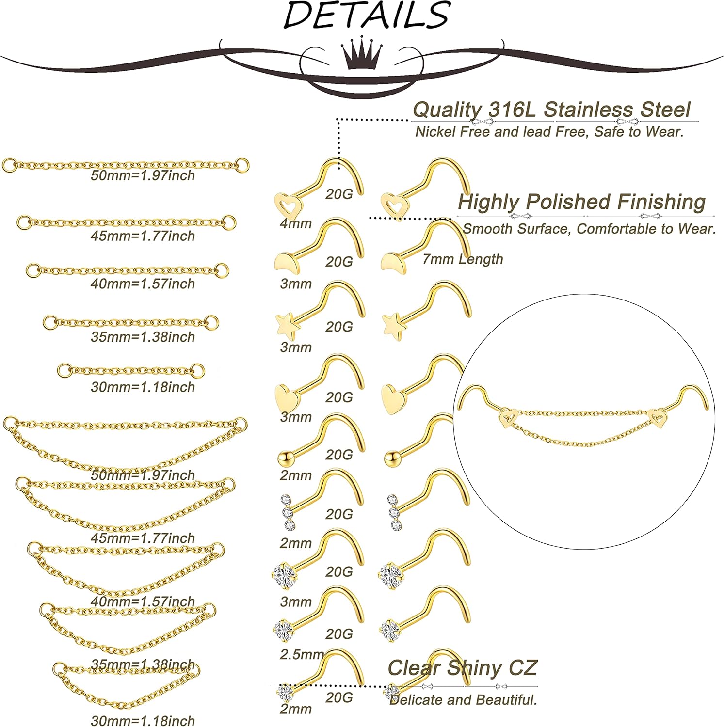 20G Stainless Steel Nose Ring Stud Nose Ring Chain Double Nose Stud Heart - QIAO CrystalQIAO CrystalQIAO Crystal